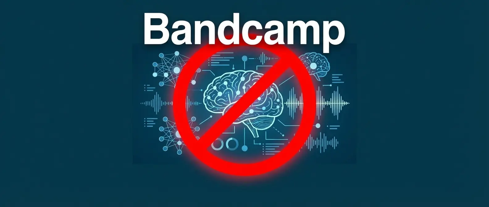 Bandcamp logo with red prohibition symbol overlaying AI music generation interface