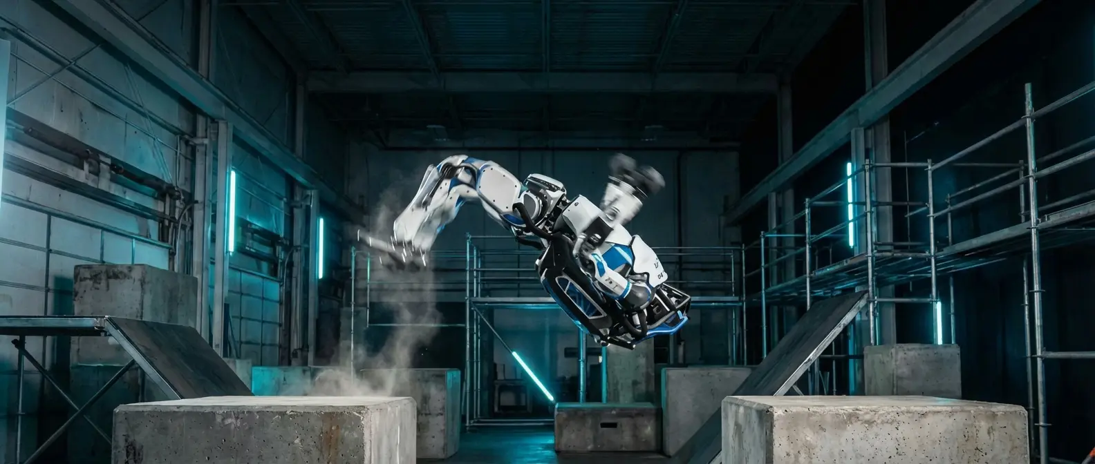 Boston Dynamics Atlas robot performing backflip parkour move in laboratory setting