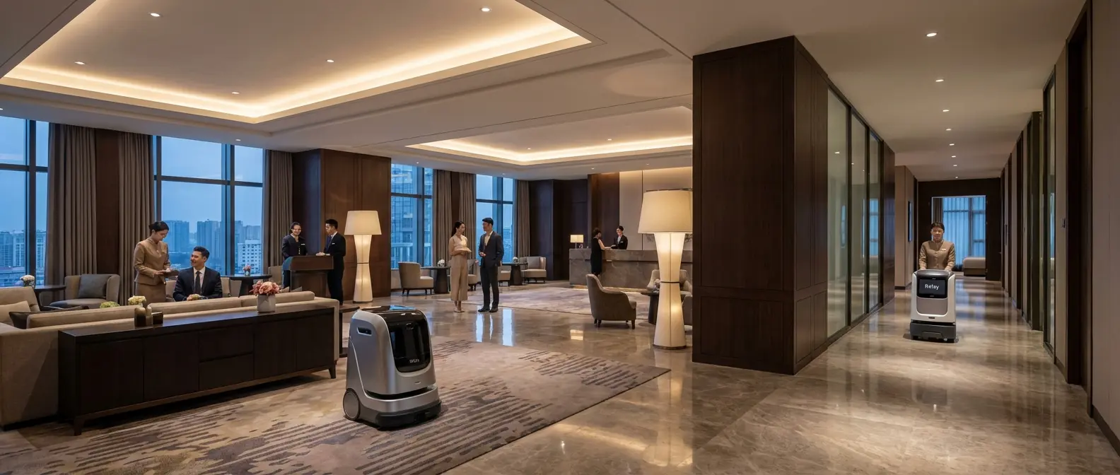 Hotel service robots delivering food and amenities in modern hotel lobby