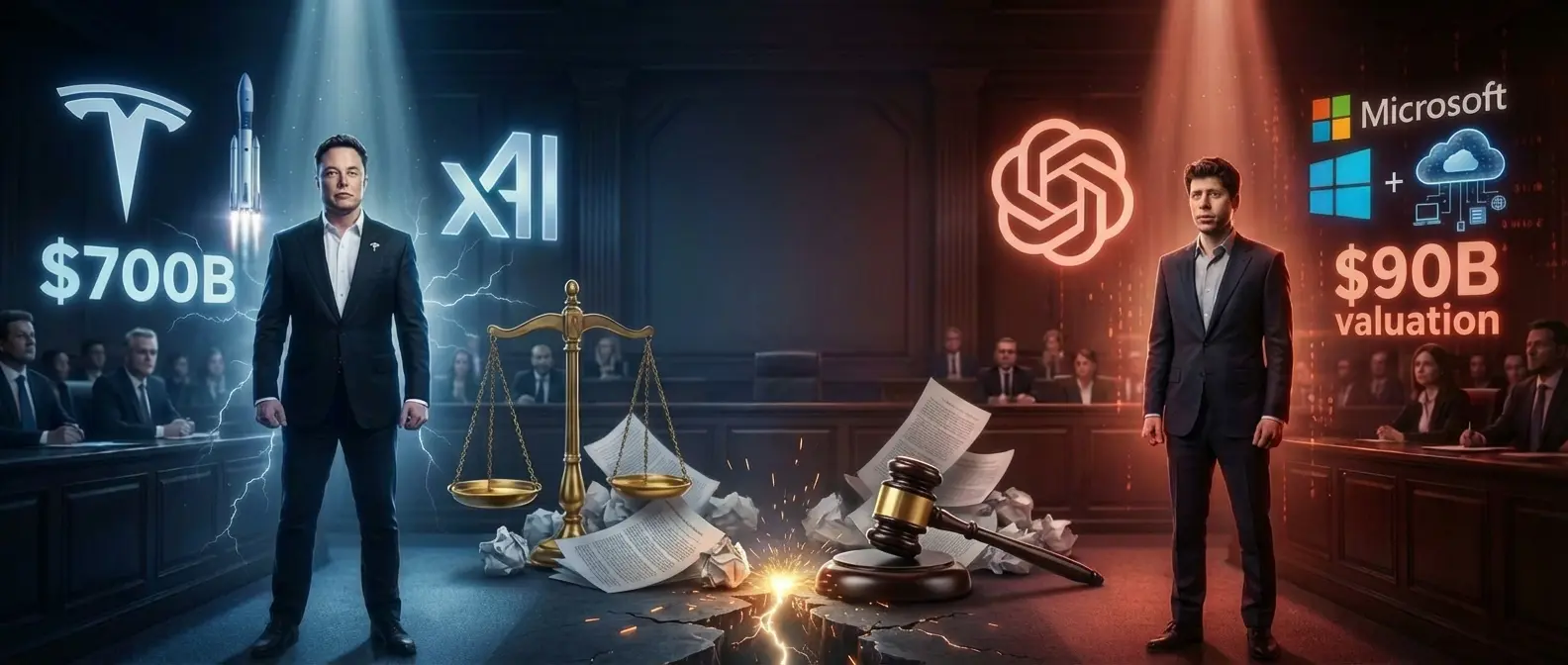 Elon Musk and OpenAI logo in legal battle confrontation