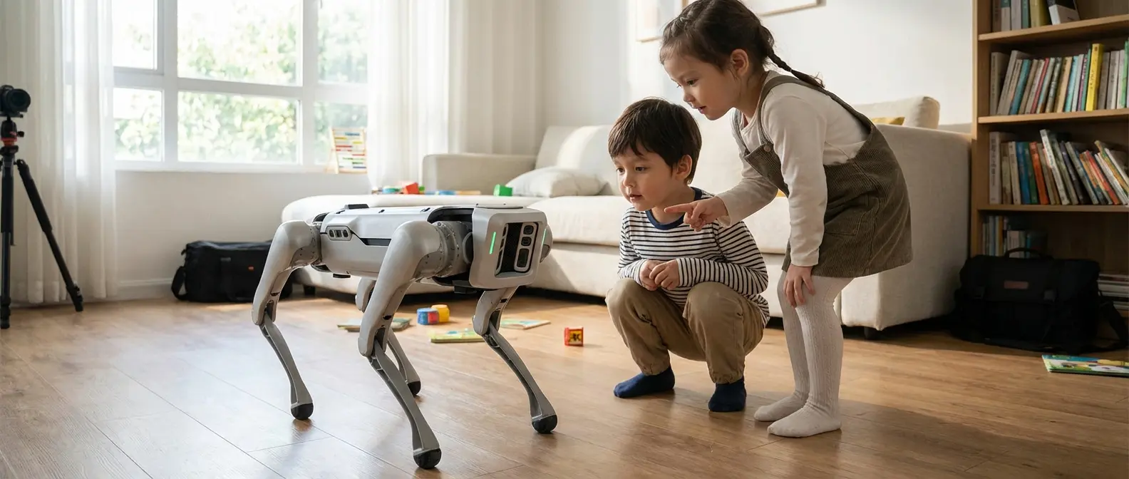 Unitree Go1 robot pet in a family living room with children