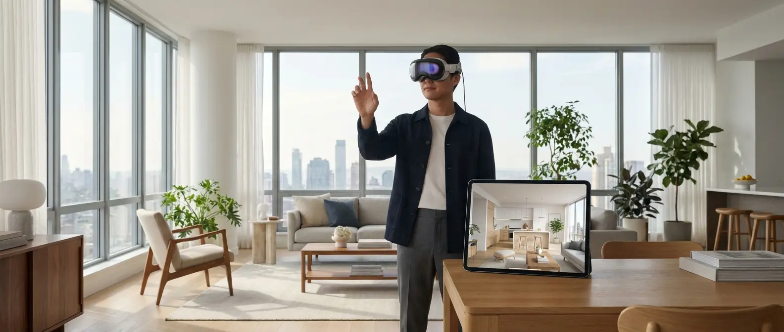 Real estate agent demonstrating VR home tour technology with modern headset