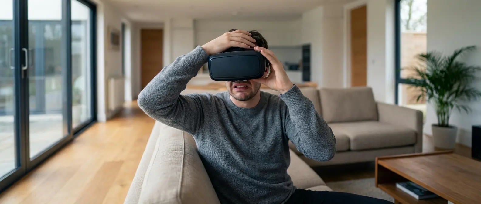 Person experiencing VR motion sickness and nausea symptoms