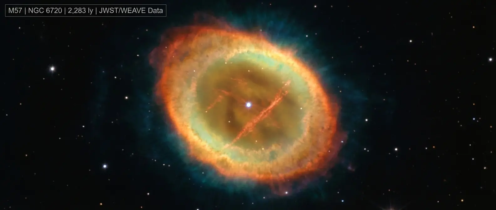Ring Nebula M57 showing newly discovered giant iron bar structure