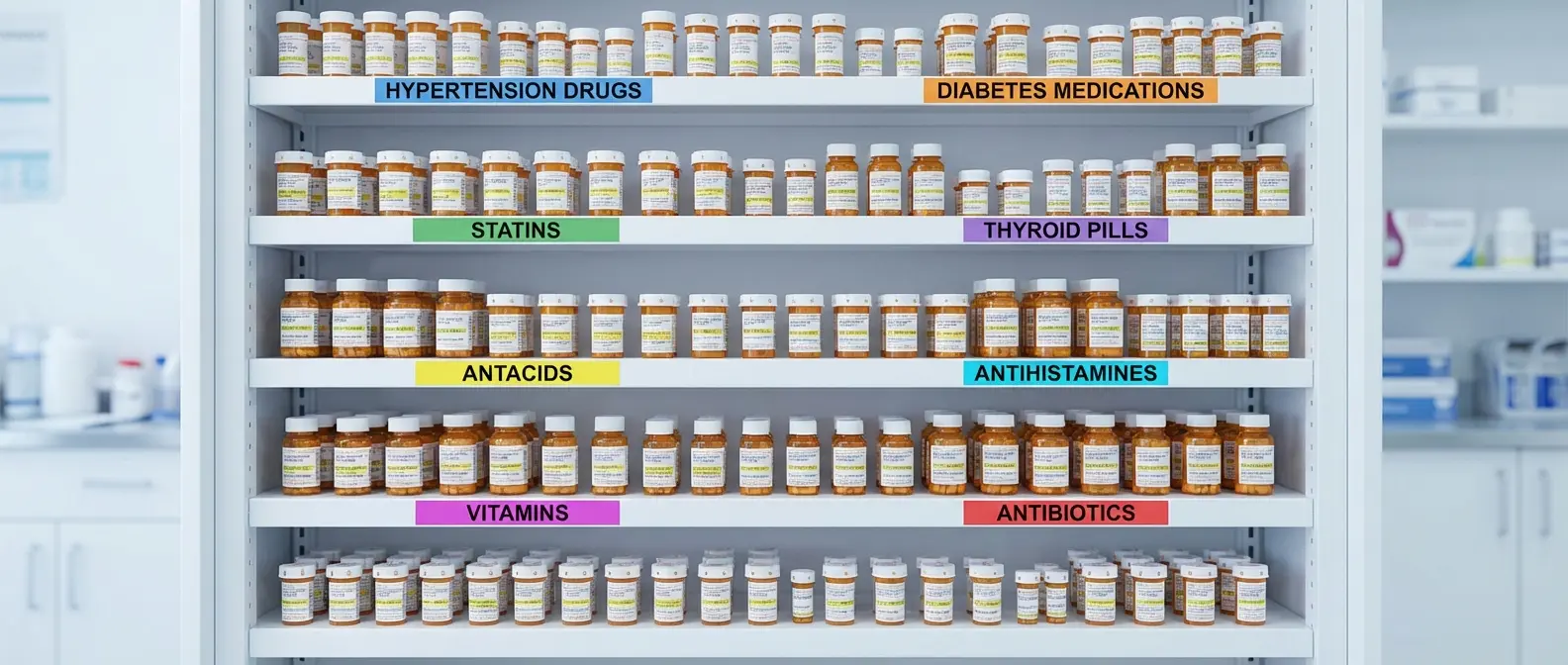 Chart showing 190 approved medications organized into 8 medical categories for AI prescription renewal