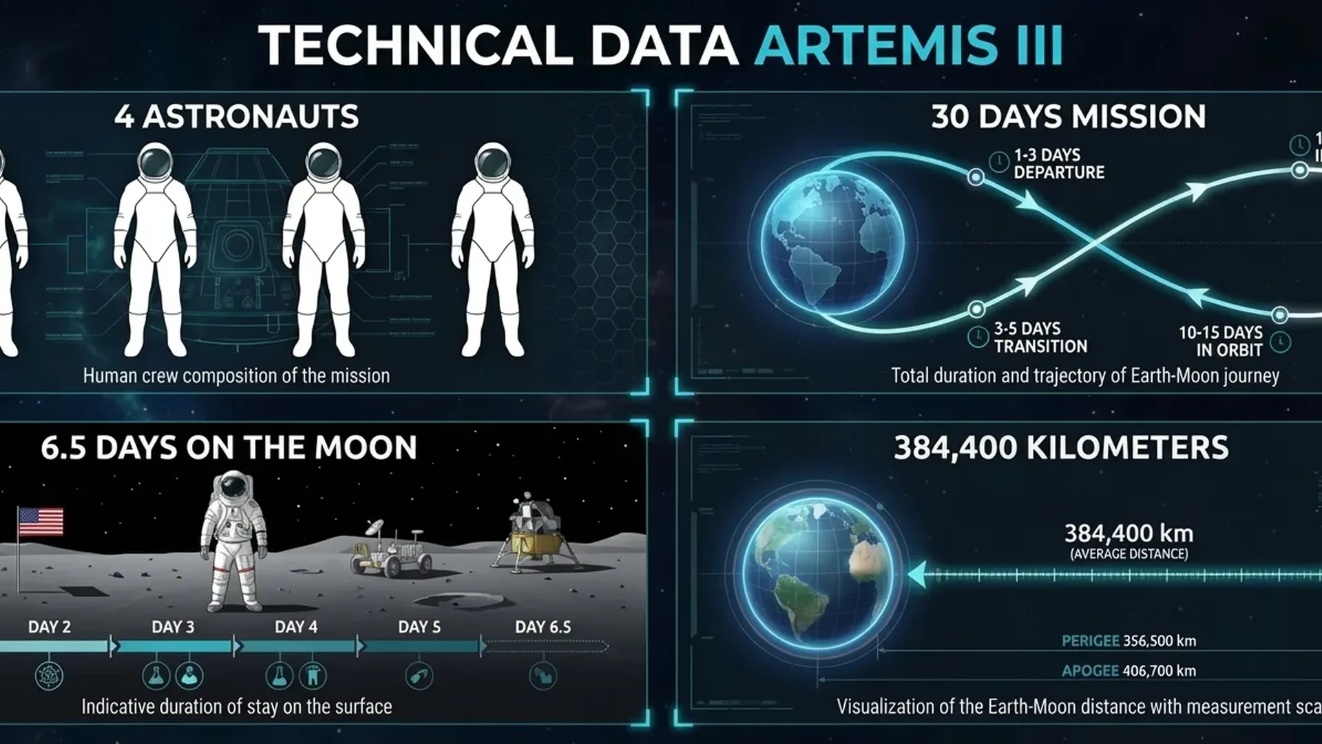 Artemis III mission specifications infographic with 4 astronauts and 30-day duration details