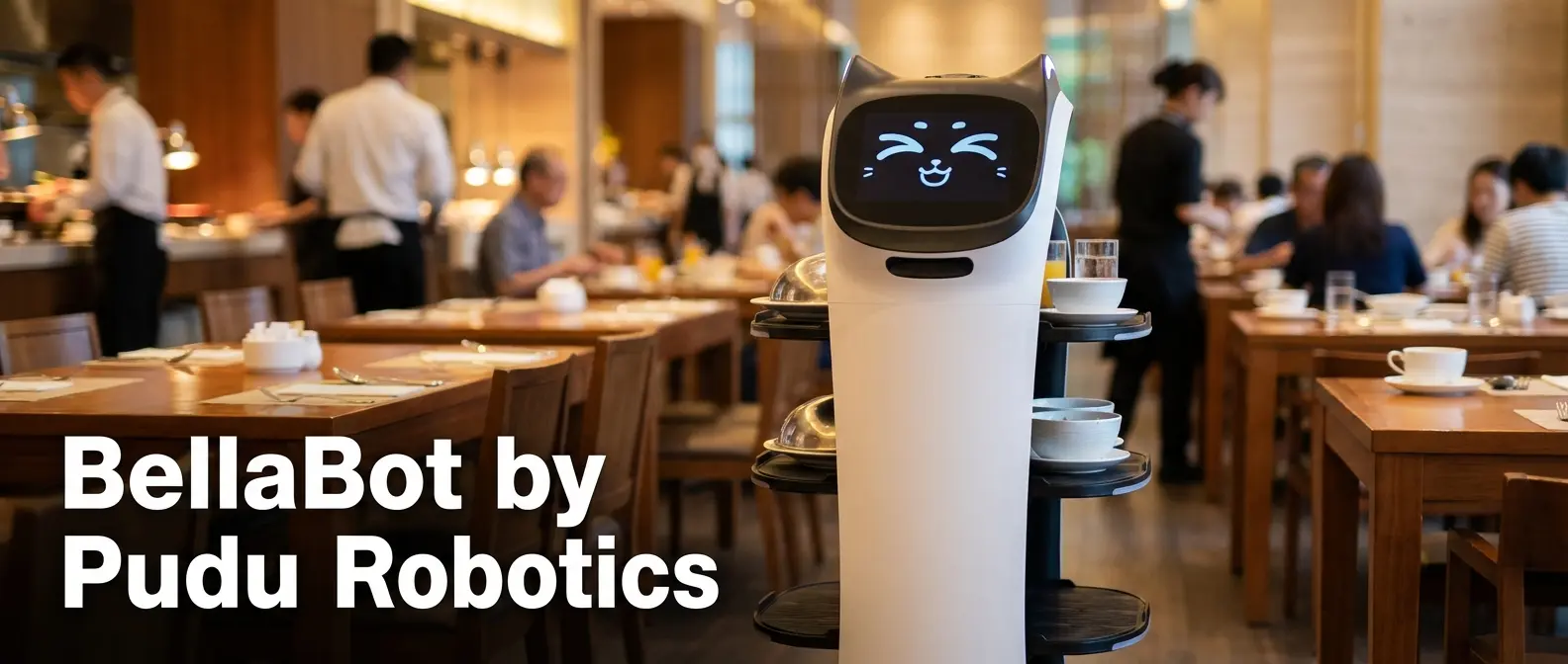 BellaBot cat-eared robot by Pudu Robotics serving guests in hotel hallway