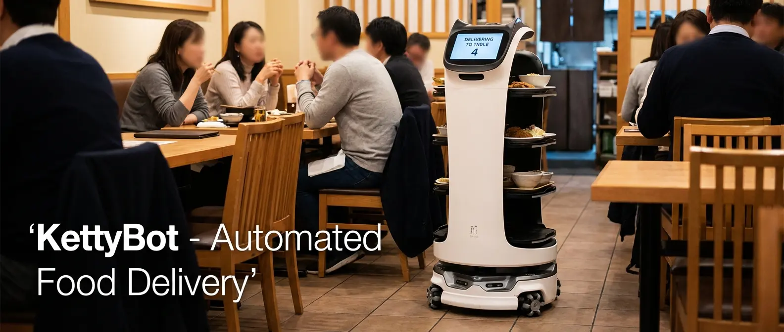 BellaBot cat-design robot waiter by Pudu Robotics serving food in modern restaurant