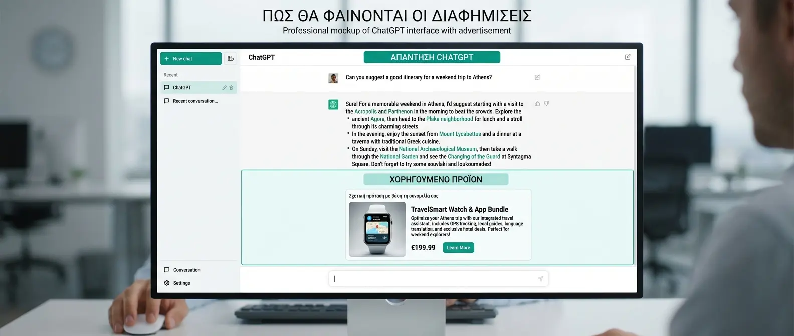 Side-by-side comparison of ChatGPT interface before and after ads implementation