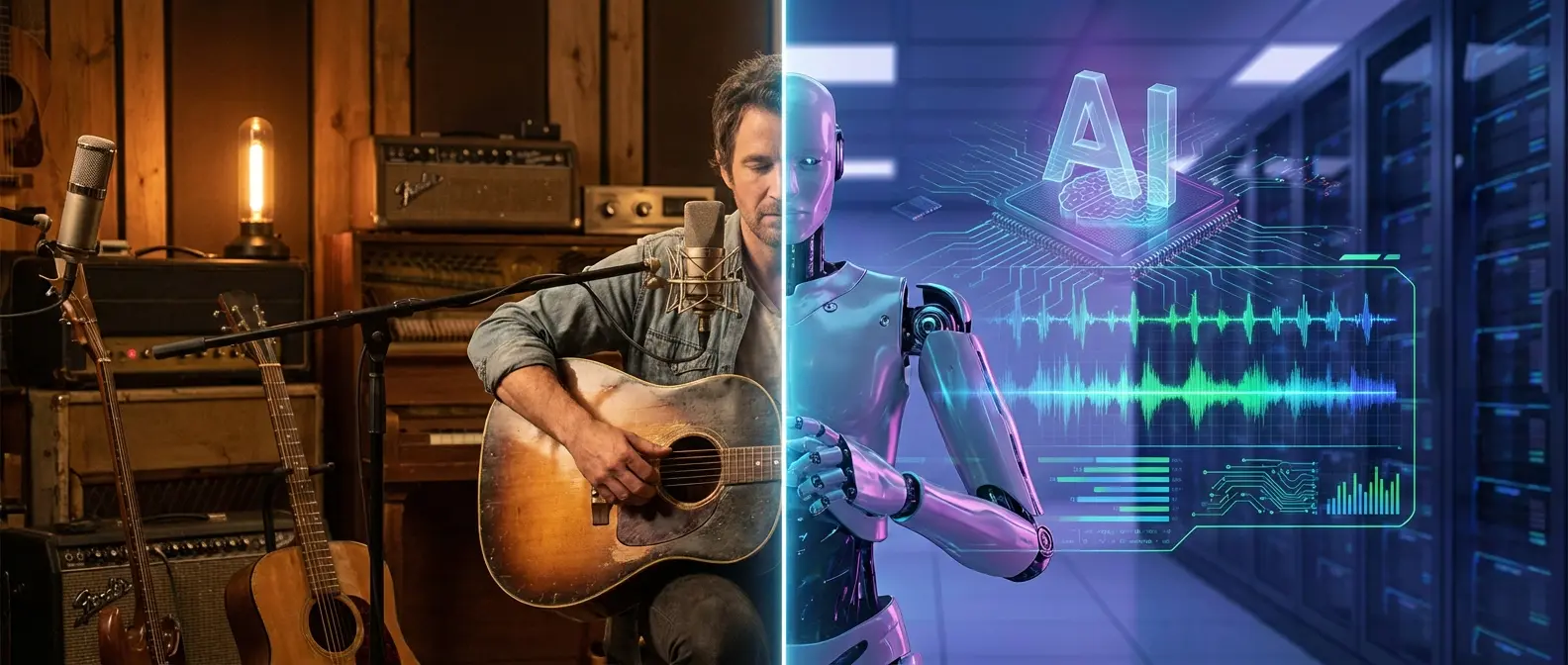 Split screen showing human musician with guitar versus AI algorithm visualization