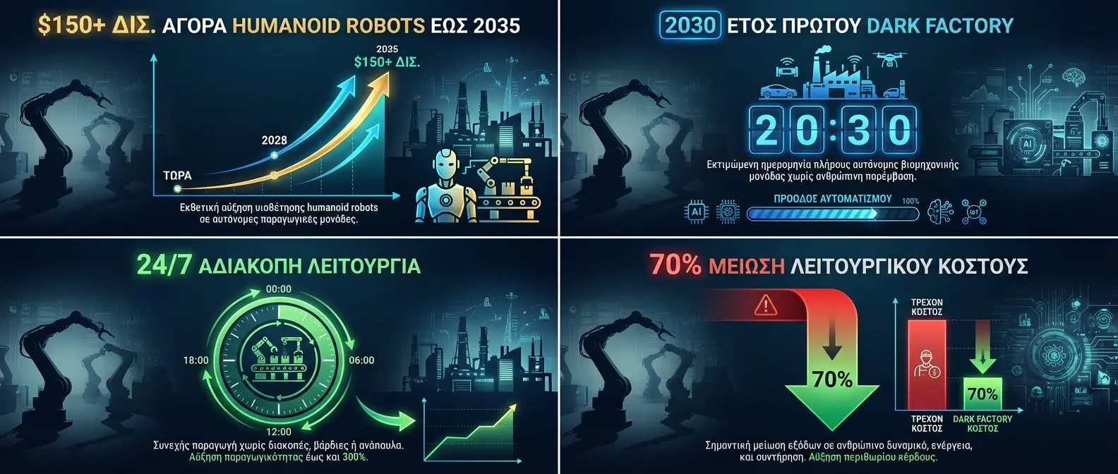 Economic impact infographic showing $150B humanoid robot market and 70% manufacturing cost reduction by 2030