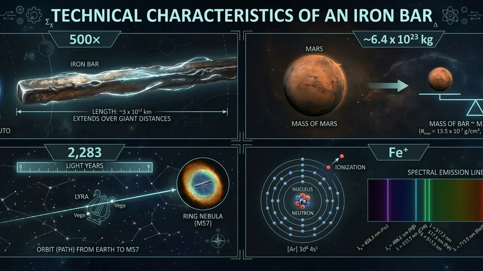 Technical diagram of iron bar specifications showing Mars-equivalent mass at 2283 light-years