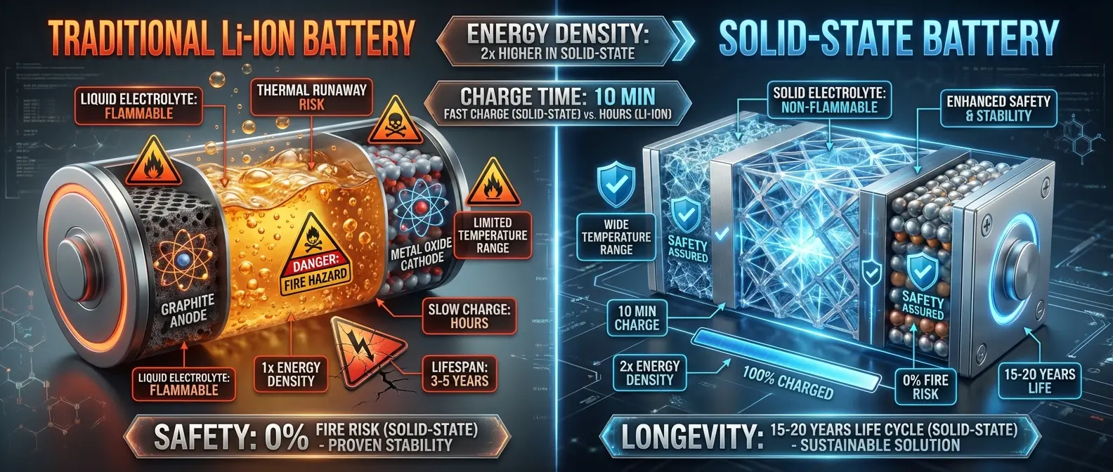 Side-by-side comparison chart showing lithium-ion vs solid-state battery specifications with 2x energy density advantage