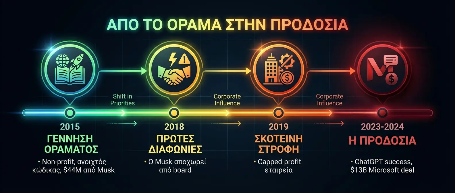 Timeline showing OpenAI's evolution from non-profit to for-profit structure