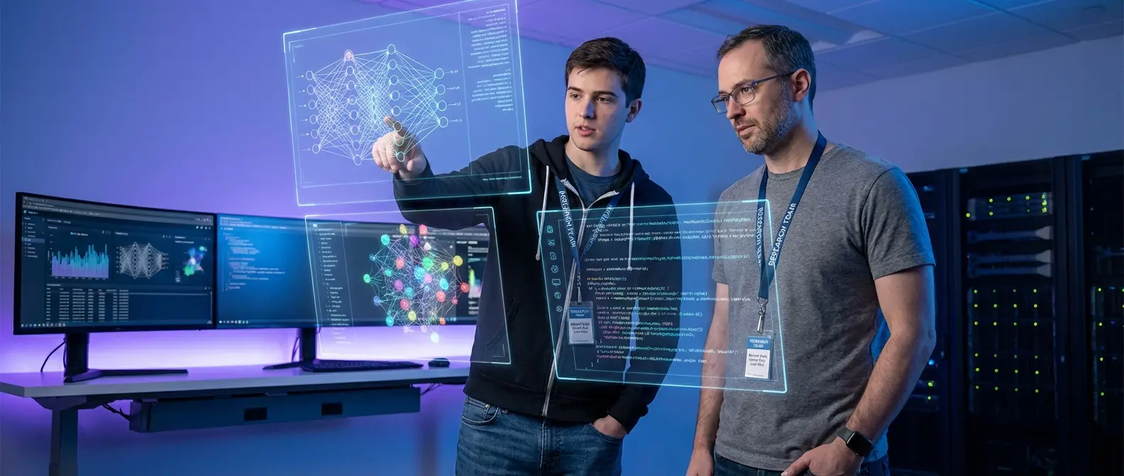 AI researchers Barret Zoph and Luke Metz working in modern machine learning laboratory