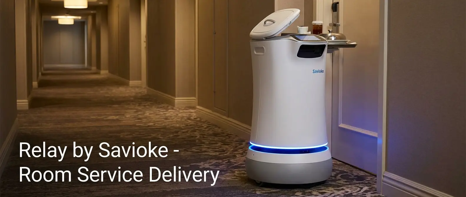 Relay cylindrical delivery robot by Savioke with secure compartment for hotels