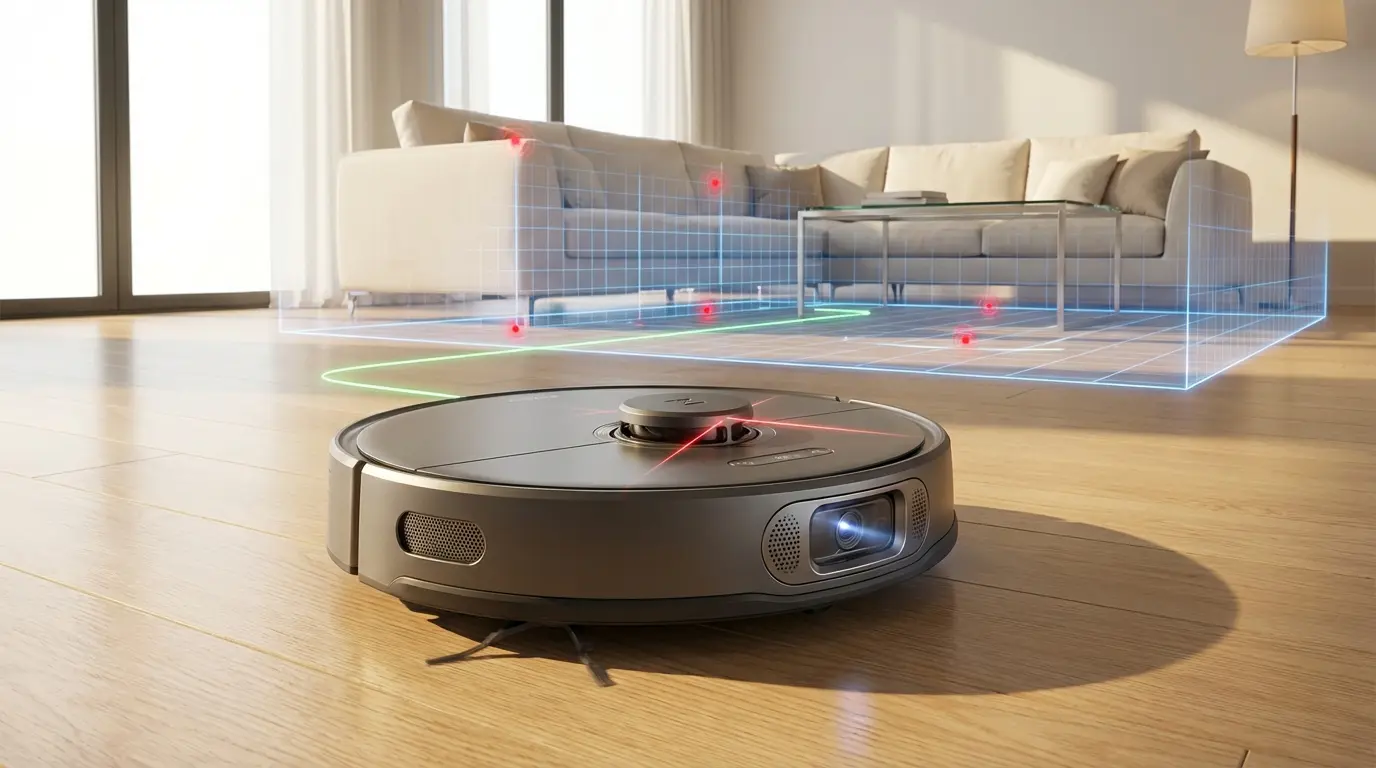 Smart robot vacuum cleaner with integrated sensors and augmented reality mapping display