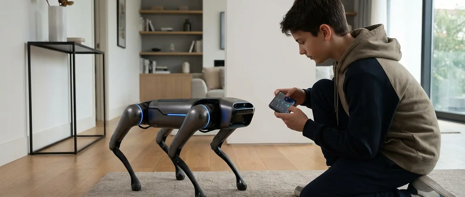 Teen controlling CyberDog with smartphone