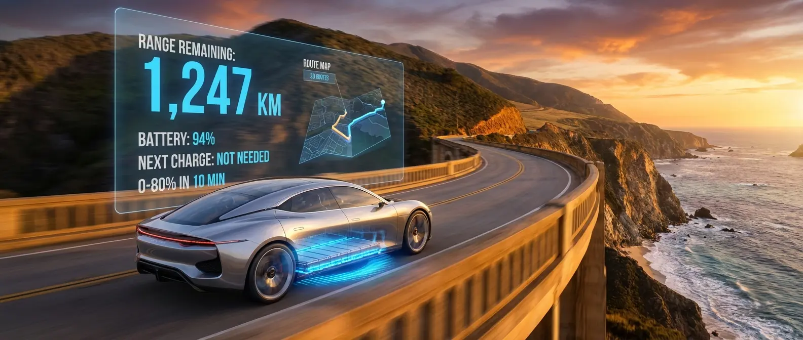 Electric vehicle dashboard displaying 1,247 km remaining range with solid-state battery at 94% charge level