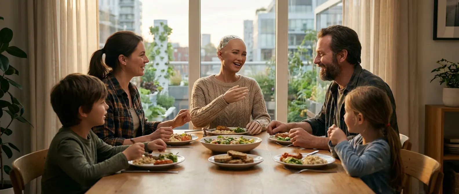 Emotional humanoid robot sharing family dinner with multi-generational human family