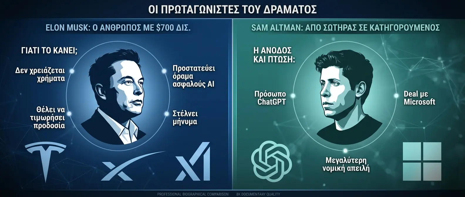 Side-by-side comparison of Elon Musk and Sam Altman as key lawsuit players