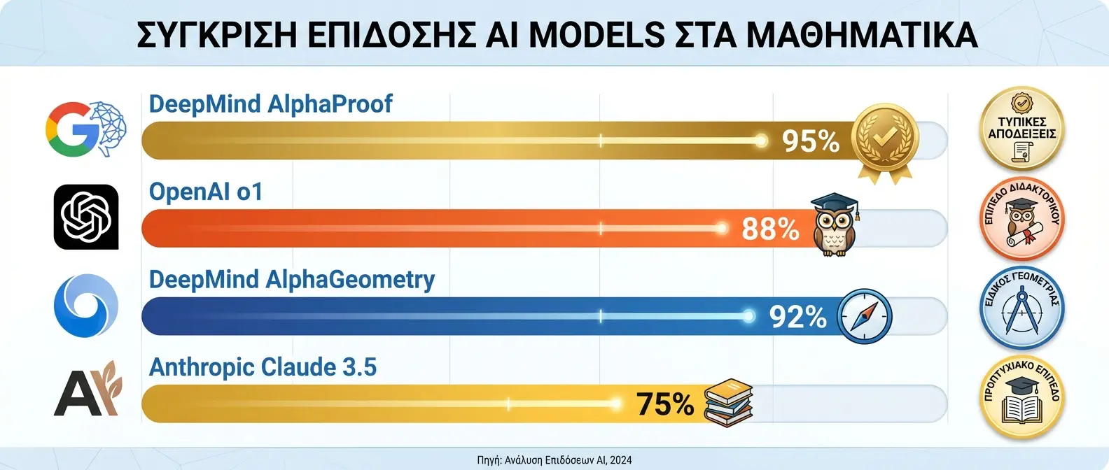 Performance comparison chart showing AI models versus human mathematicians on olympiad problems