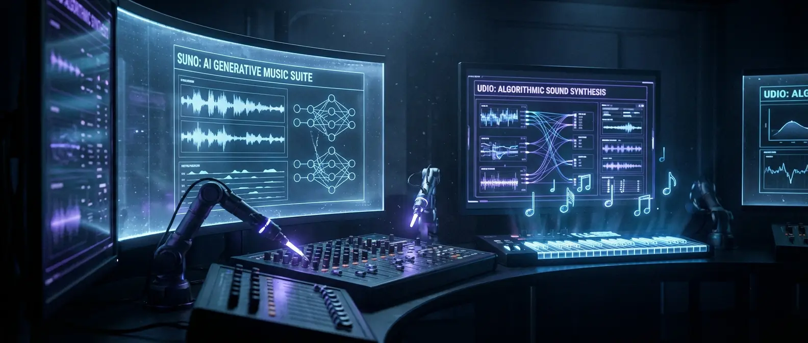 Dark interface of AI music generation tools like Suno and Udio with blocked access overlay