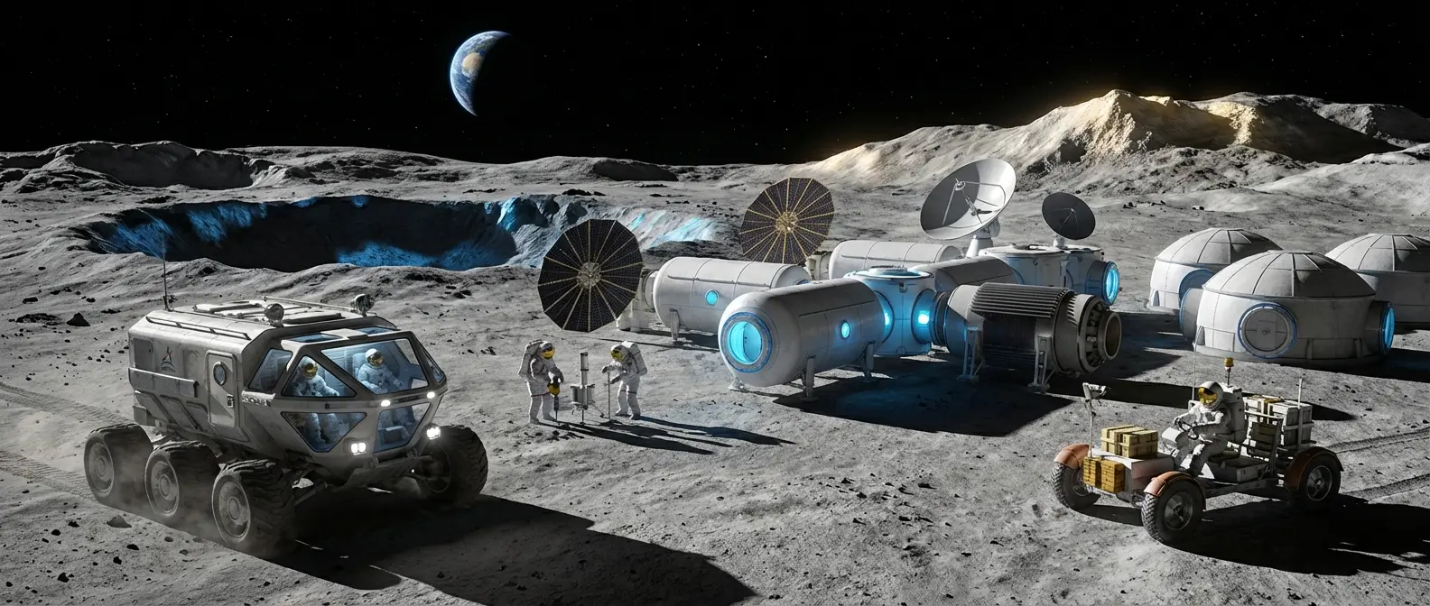 Artemis Base Camp concept art showing first permanent lunar settlement infrastructure