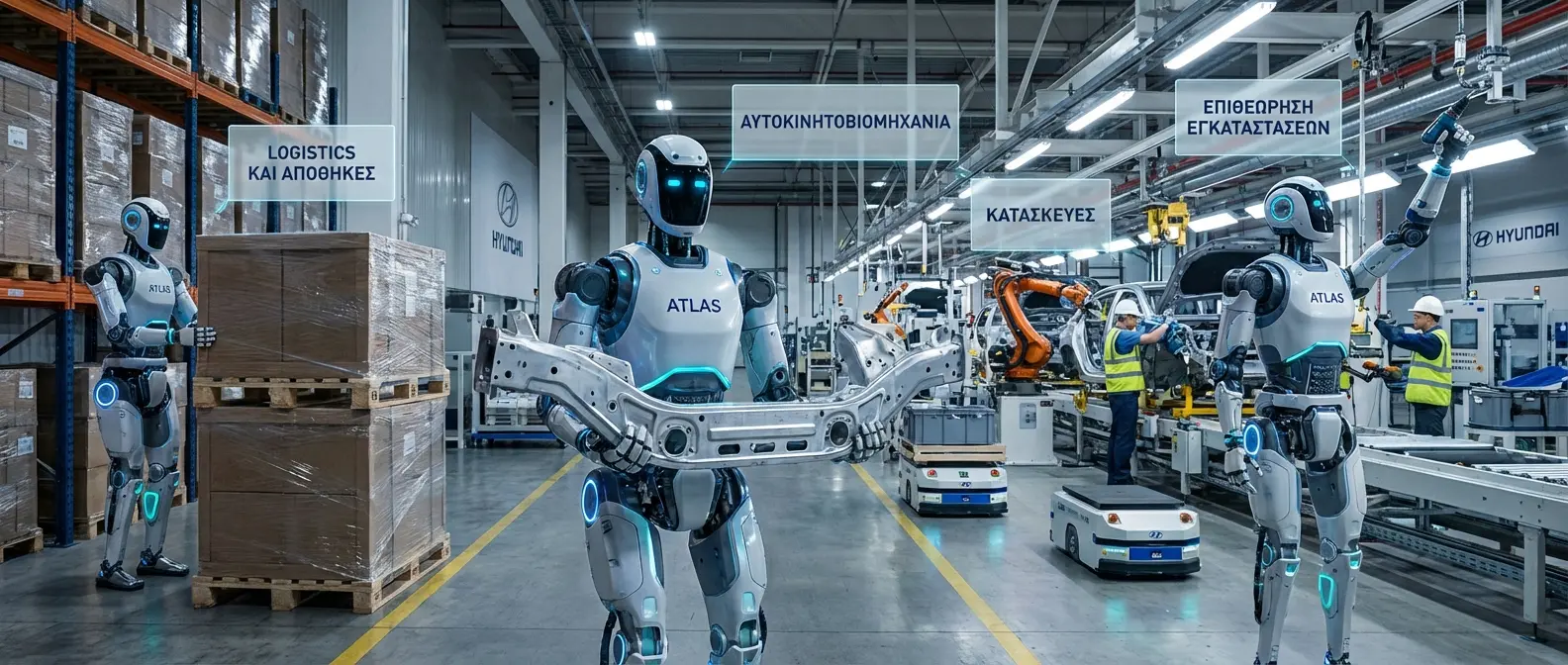Atlas robot working in industrial factory setting demonstrating real-world manufacturing applications