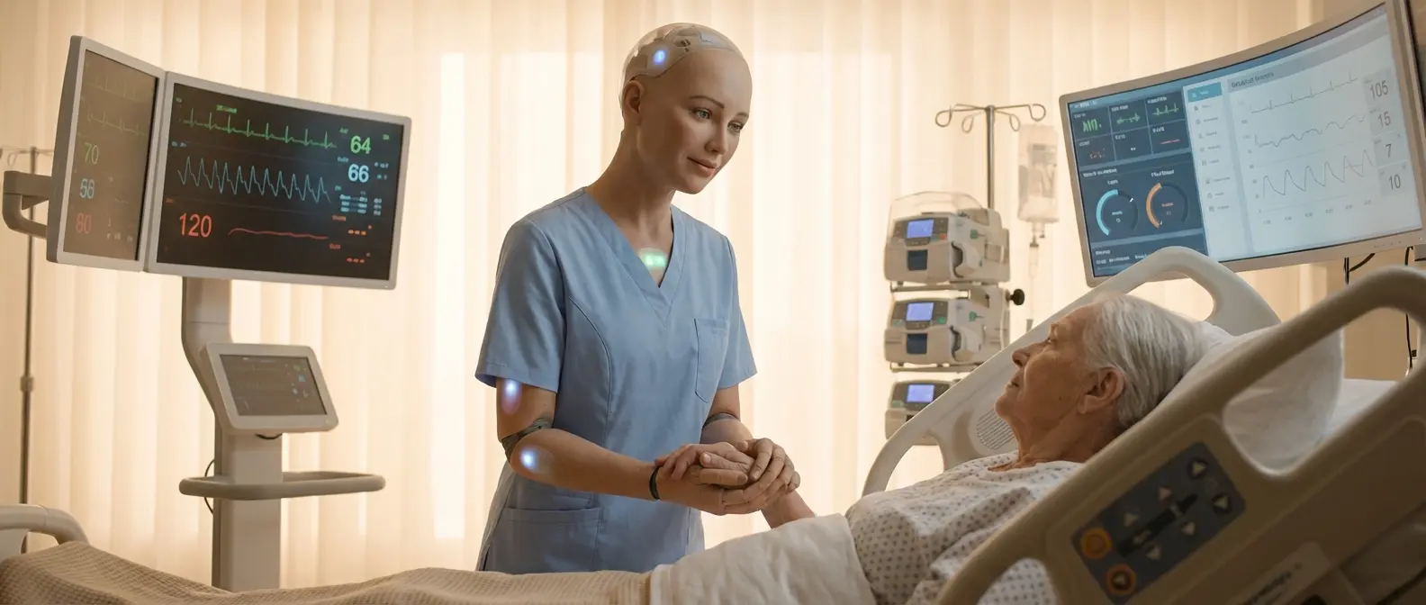 Skilled robot nurse providing medical care and comfort to hospital patient