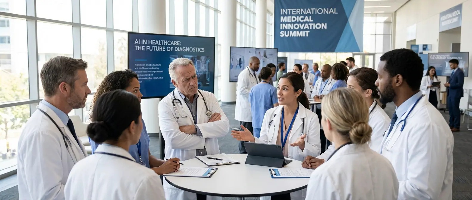 Medical professionals in heated discussion about AI prescription approval at healthcare conference