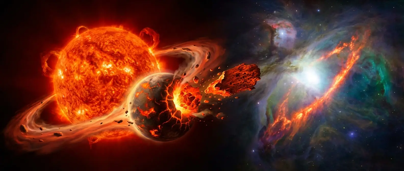 Artist's concept of red giant star engulfing planet to form iron bar
