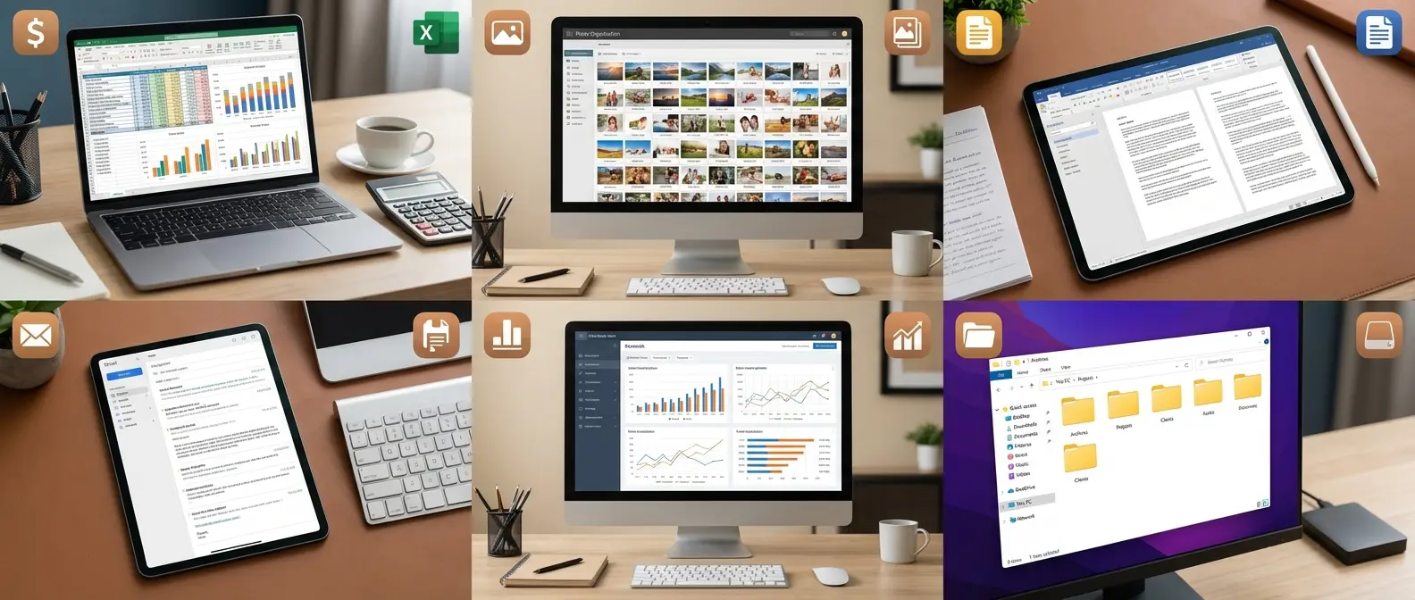 Collage with 6 practical use cases (Excel, photos, text, email, research, archiving)