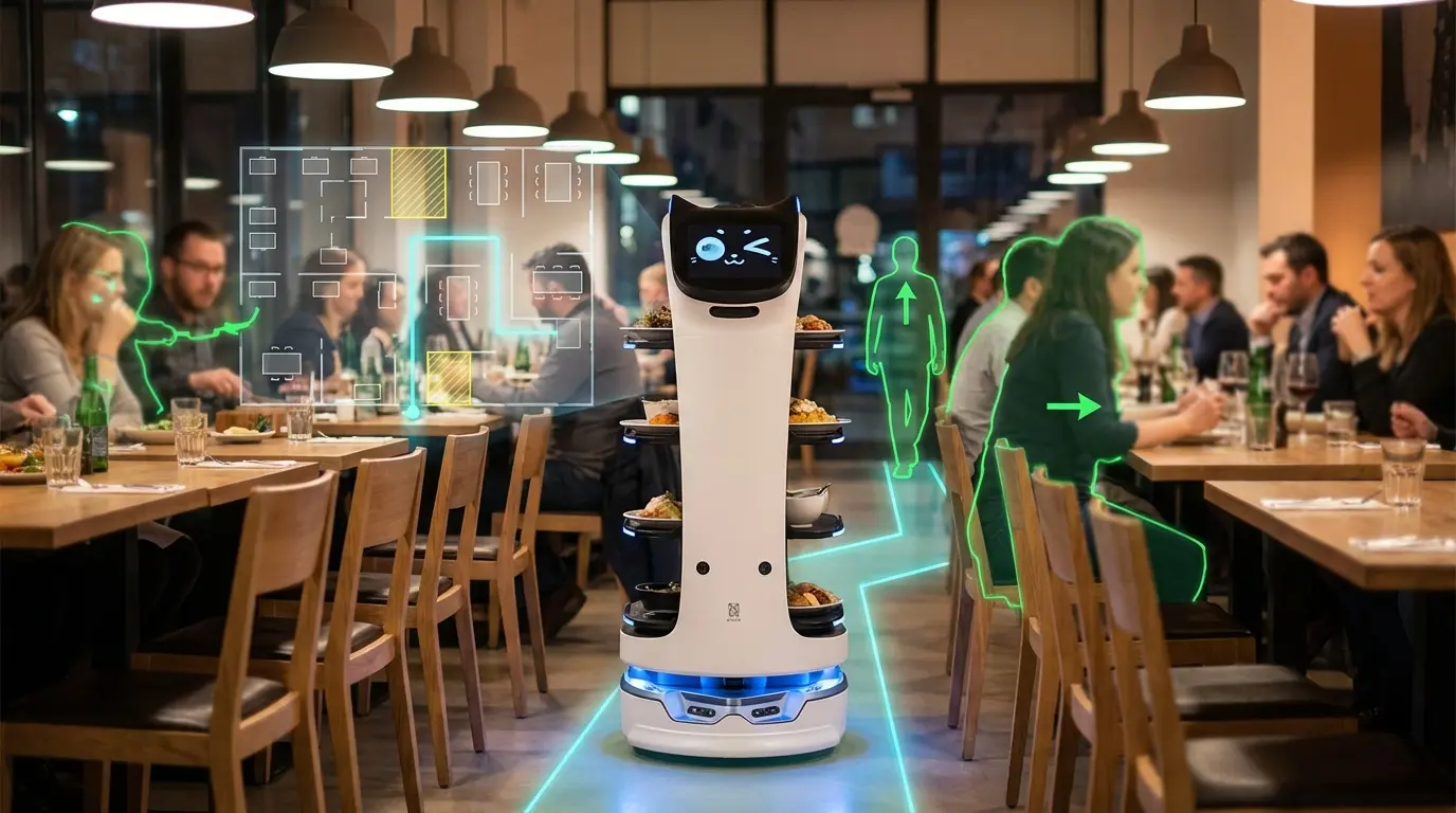 Professional waiter robot with LiDAR navigation system and path overlay in busy restaurant environment