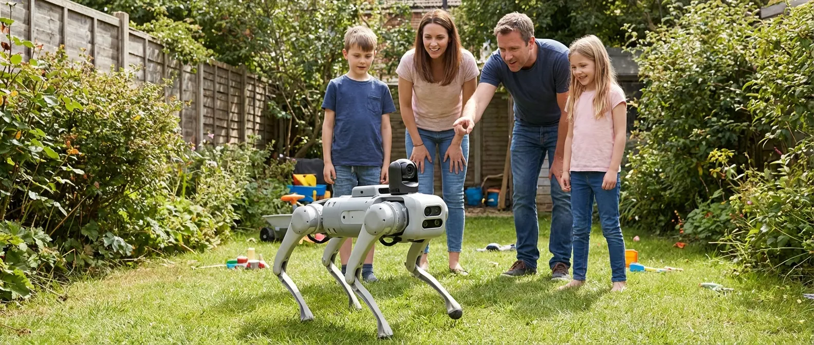 Family with robot dog in the garden
