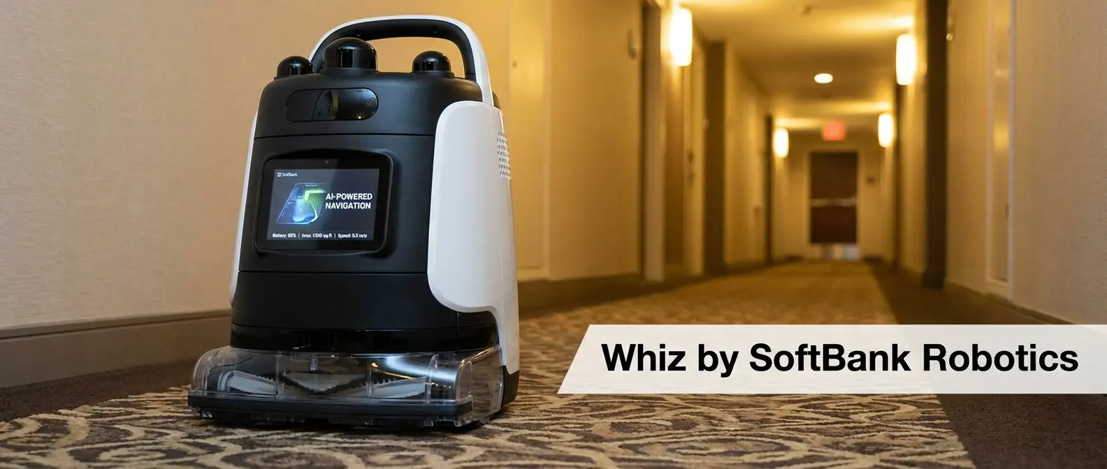 Whiz compact commercial vacuum robot by SoftBank cleaning hotel corridors