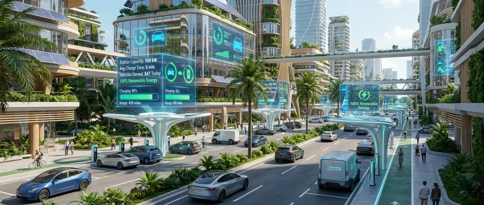 Smart city infrastructure with high-speed 500 kW solid-state battery charging stations powered by renewable energy