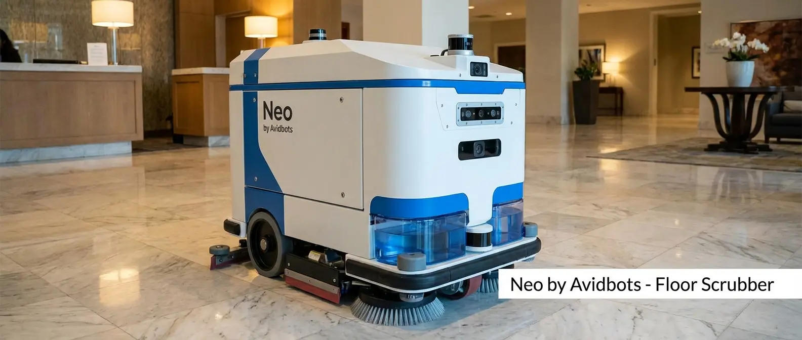Neo industrial floor scrubbing robot by Avidbots maintaining hotel cleanliness