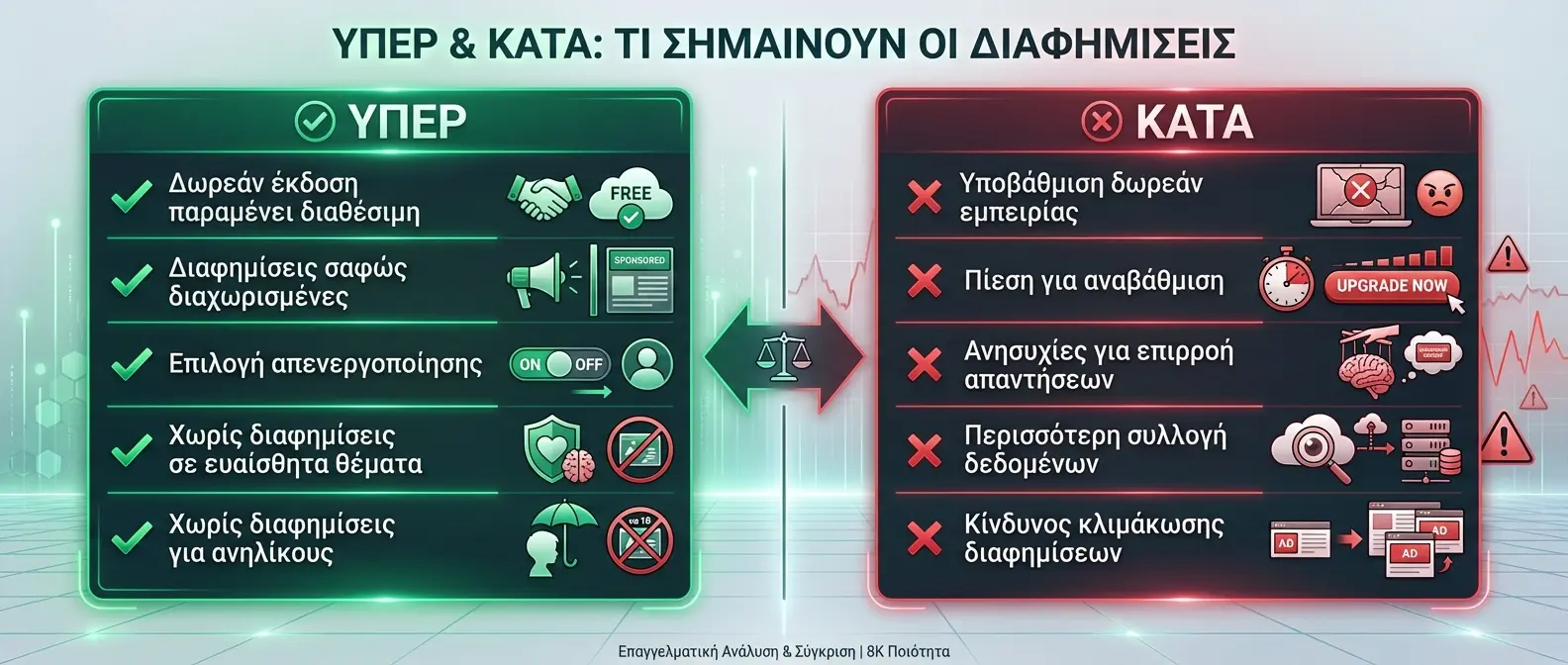 Pros and cons analysis chart showing advertising impact on ChatGPT user experience