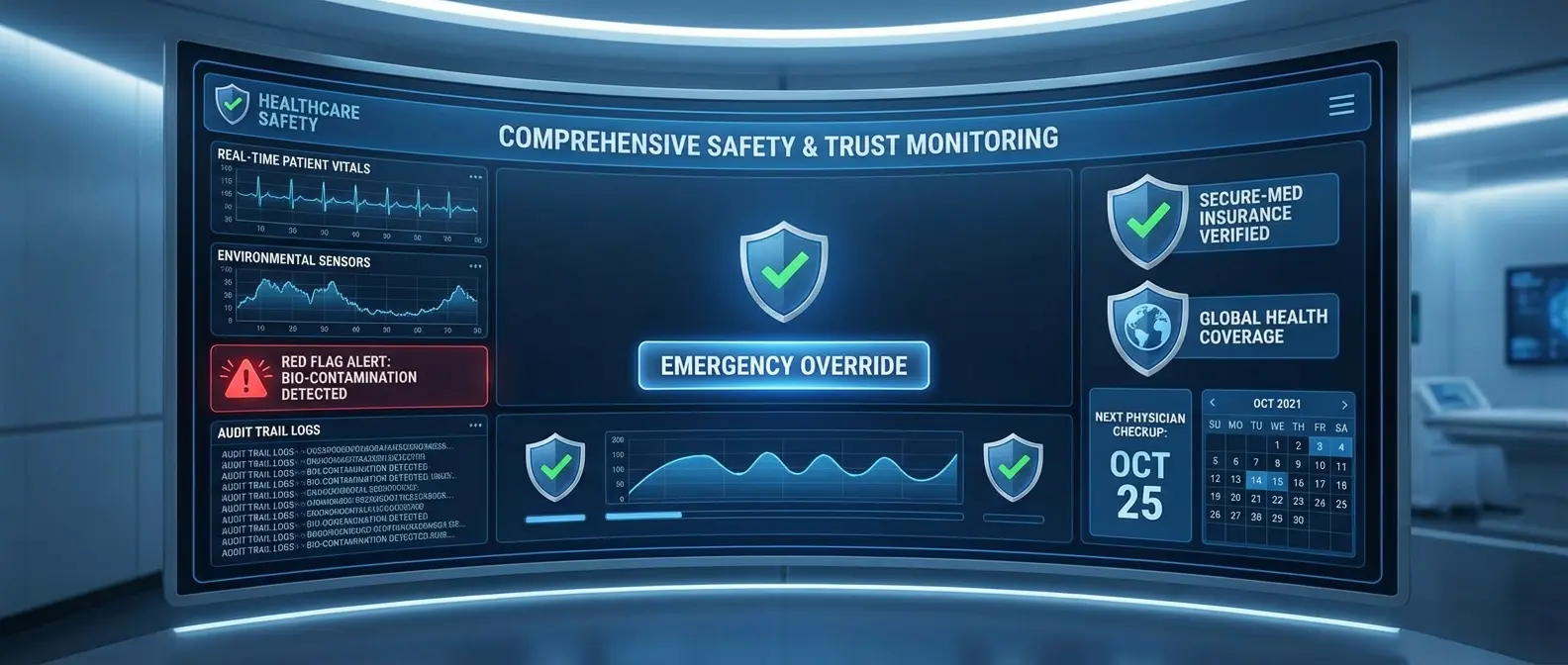 Digital dashboard displaying AI prescription safety measures and patient protection protocols
