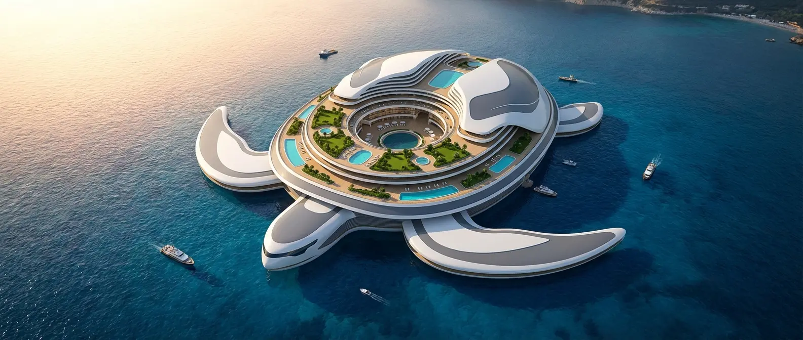 Pangeos Terayacht aerial view showing massive turtle-shaped floating city design with residential areas