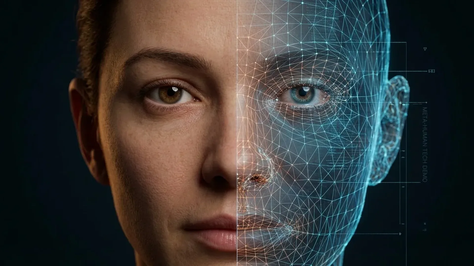 AI-generated digital human character showing hyper-realistic facial features and expressions created with MetaHuman technology