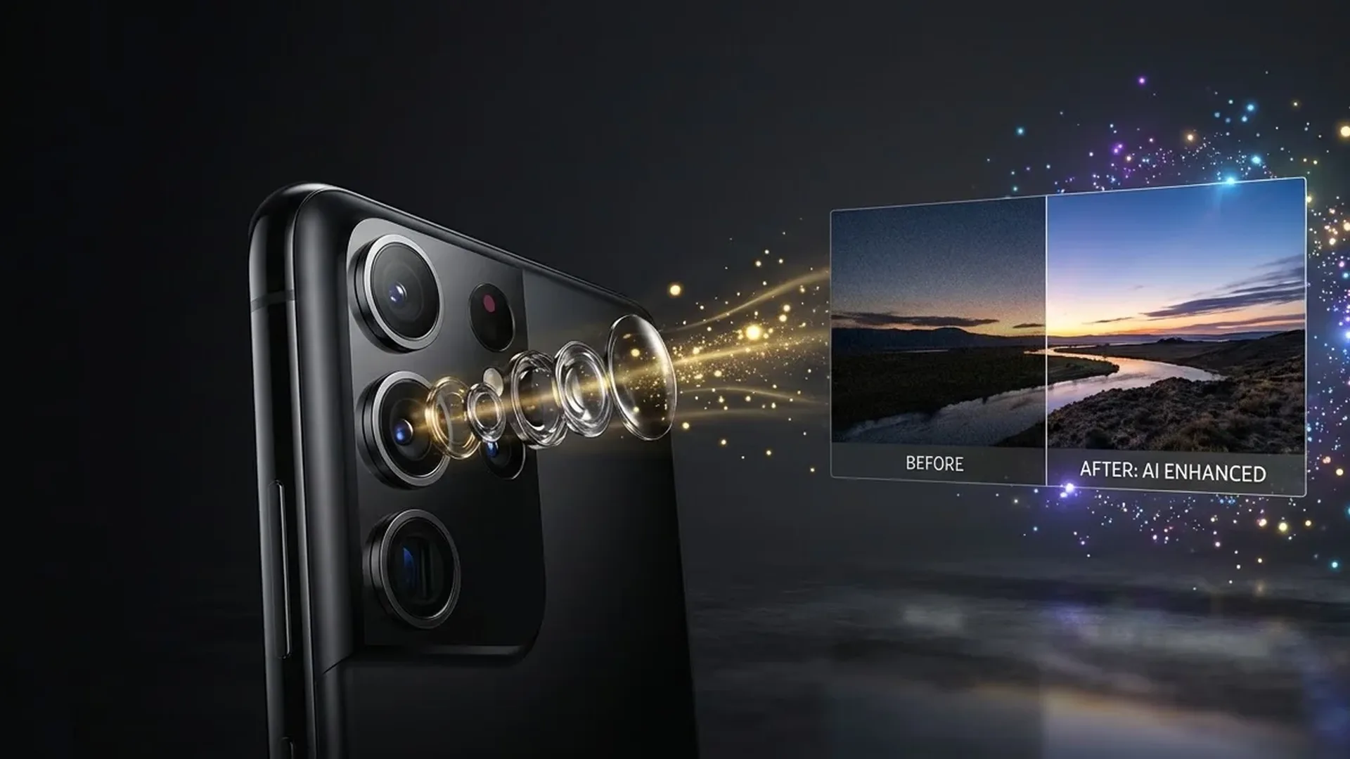 AI-powered smartphone camera capturing professional night mode photo with computational photography technology