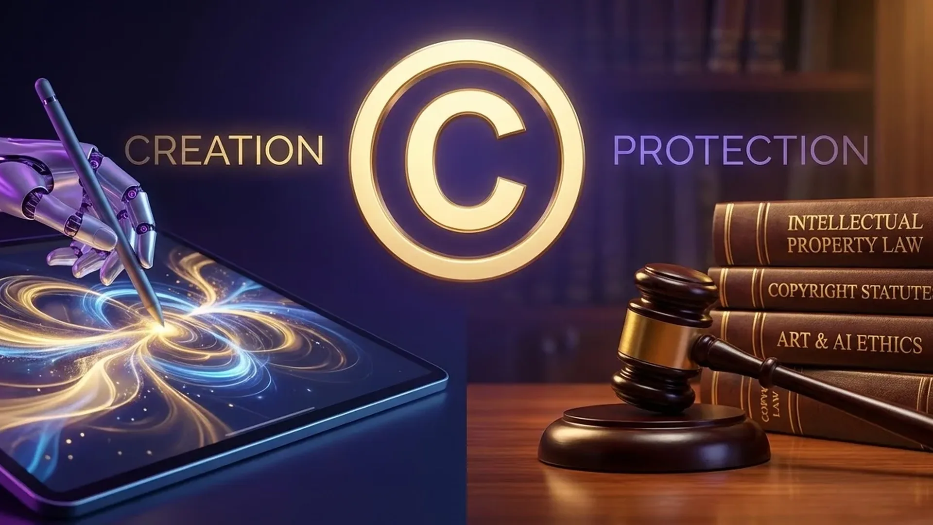 AI copyright legal battle illustration showing scales of justice with AI neural networks and copyright symbols