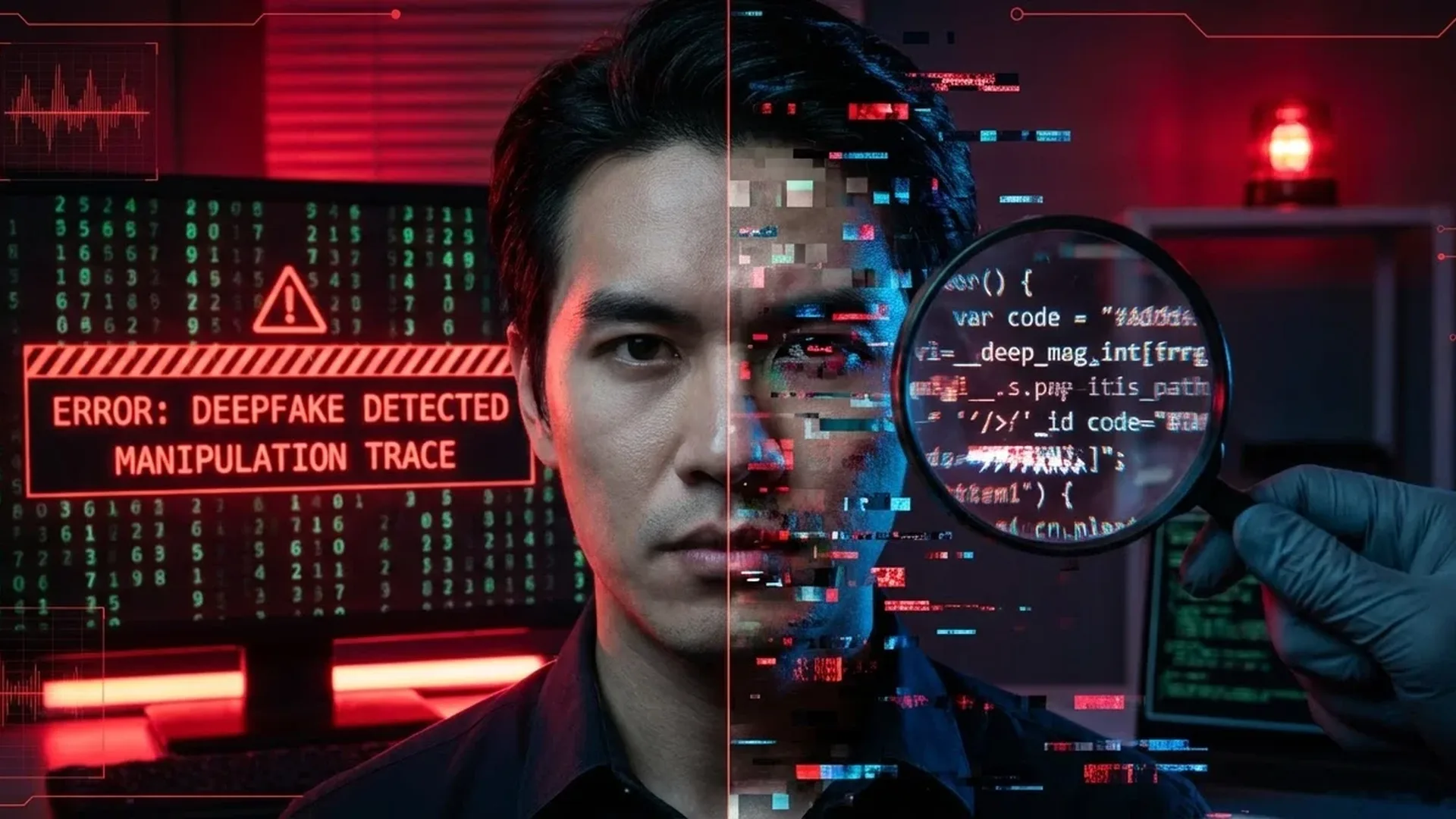 AI deepfake detection interface showing real vs fake video comparison with analysis tools