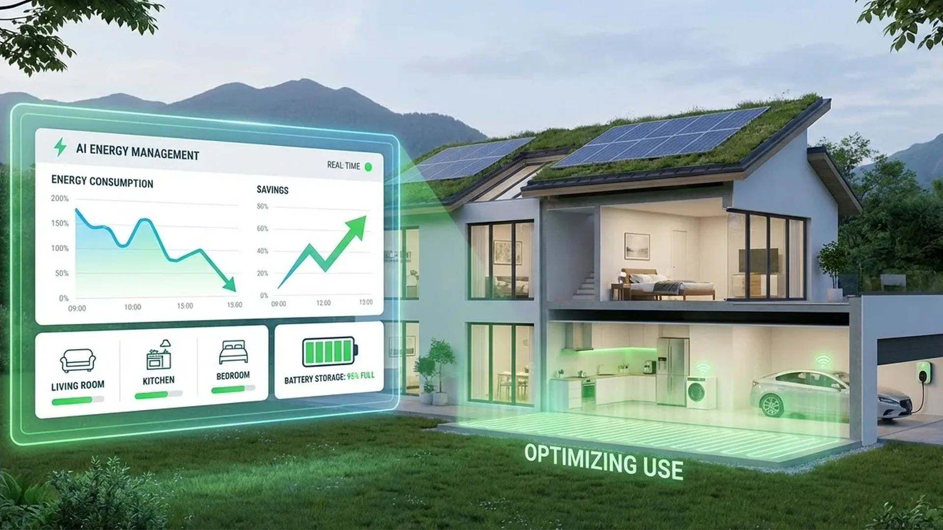 AI-powered smart grid managing renewable energy distribution and reducing power consumption