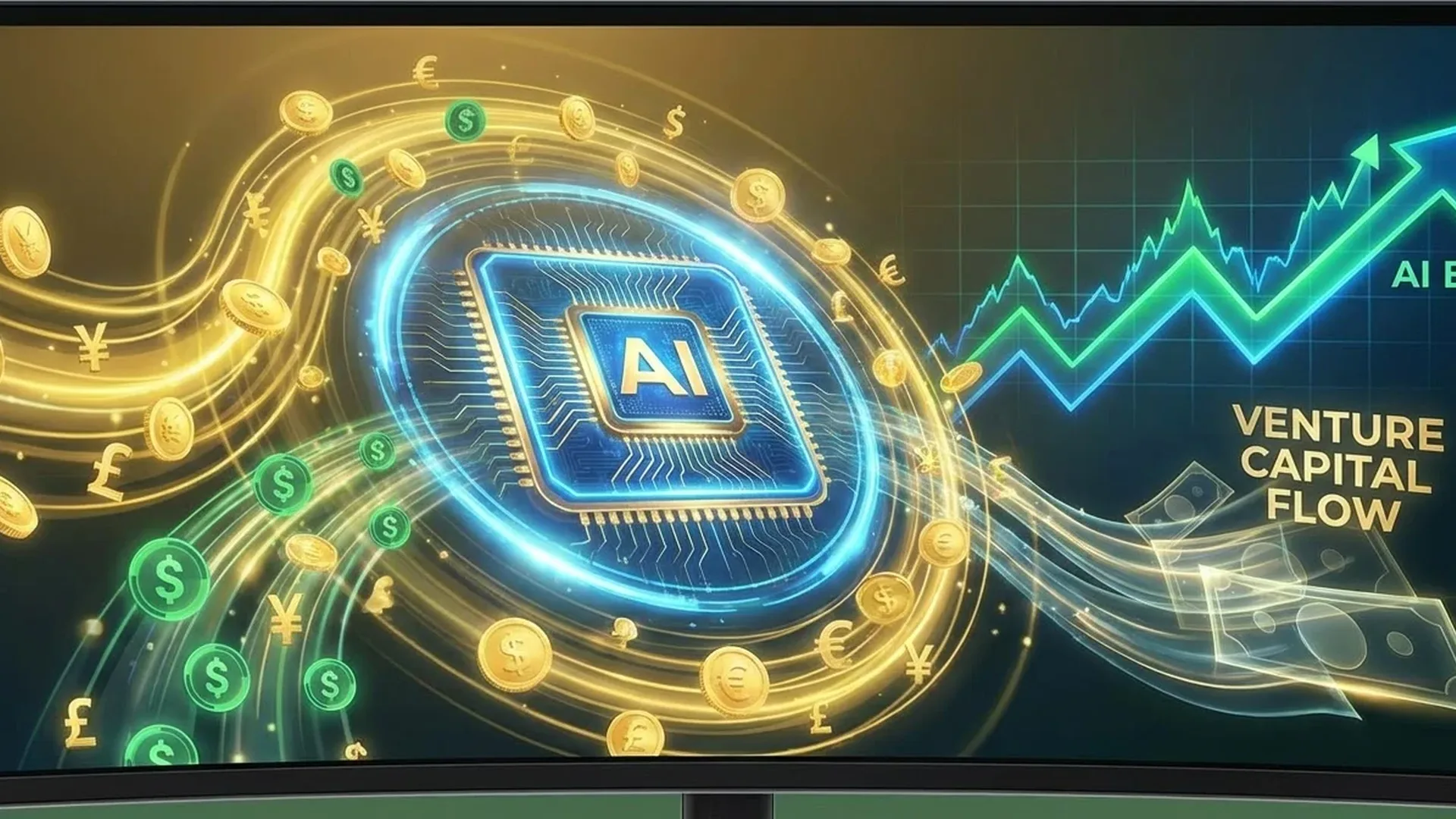 Global AI investment flow visualization showing billions in tech spending across data centers, chips, and startups