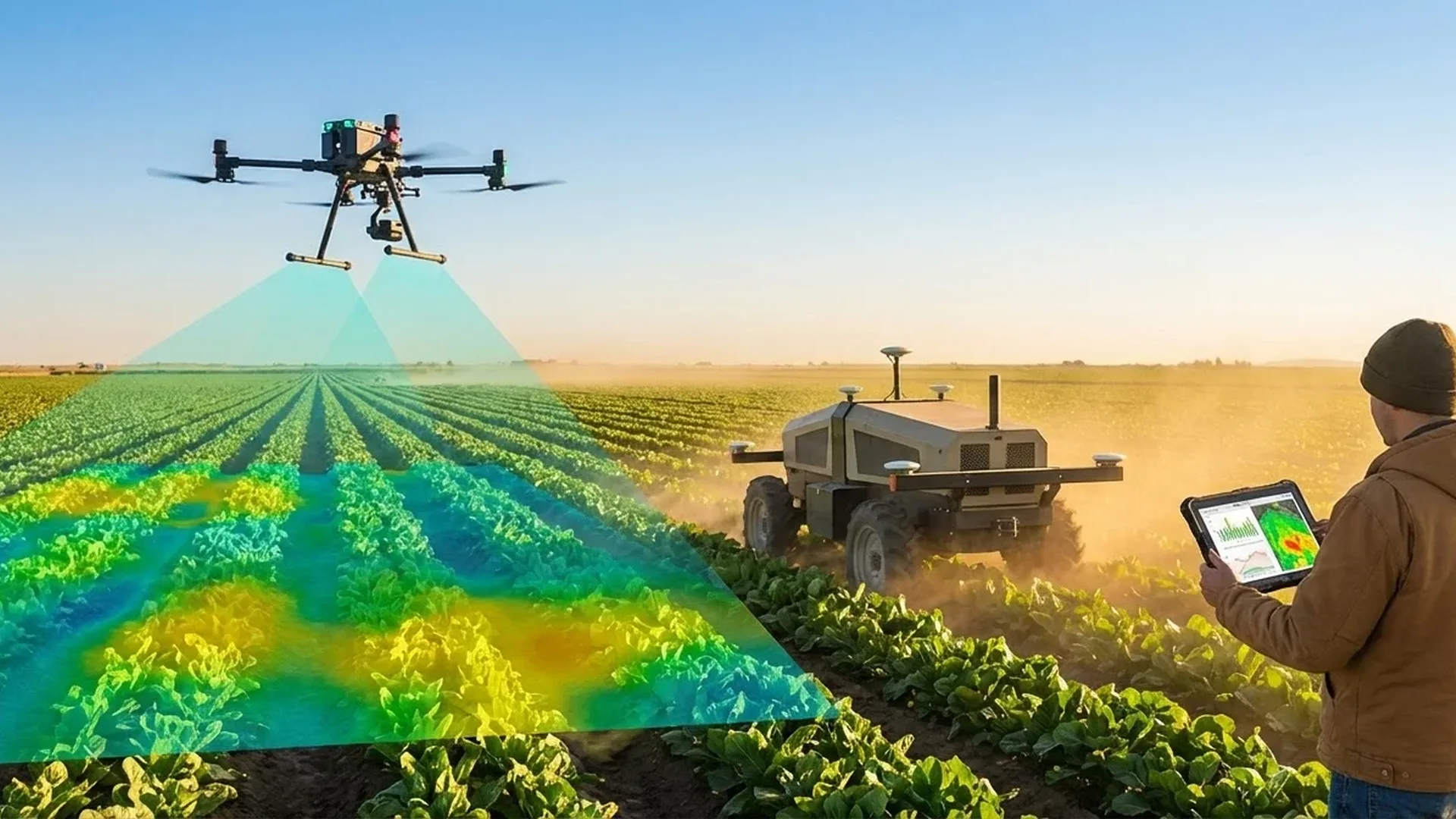 AI-powered drones surveying agricultural fields with precision farming technology