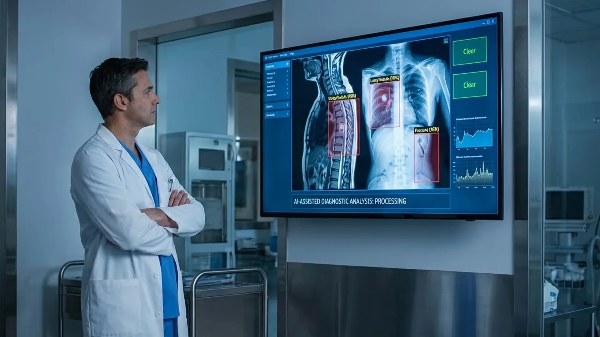 AI system analyzing medical X-rays and MRI scans with machine learning algorithms for disease diagnosis