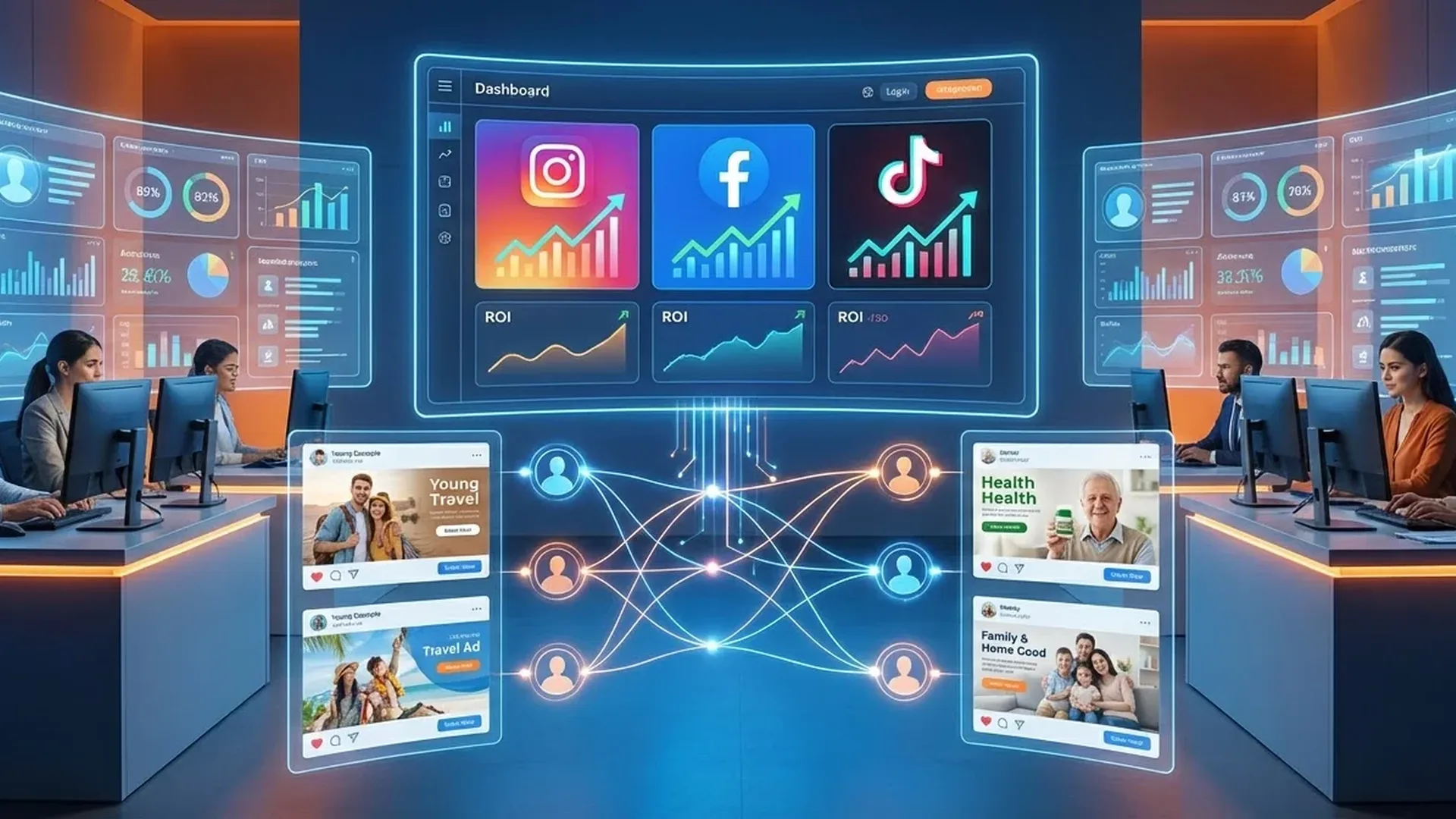 AI-powered marketing dashboard showing automated campaigns and predictive analytics in 2026